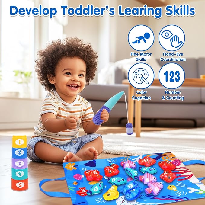 Montessori Toys for 1 Year Old: Cloth Fishing Game with Stacking Cups | Learning Educational Toys for 1+ Year Old Boy Girl First Birthday Gift - Number Counting, Color Sorting Toys for Toddlers 1-3