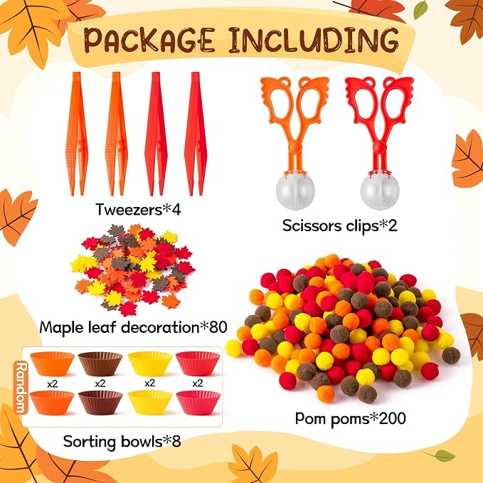 EZdhuawuse Fall Sensory Bin Fillers - 294P Fall Thanksgiving Fine Motor Toys Counting Sorting Set for Kids Autumn Counting Toy with Felt Maple Leaf Pom Poms Cup Clip for Preschool Education Activities