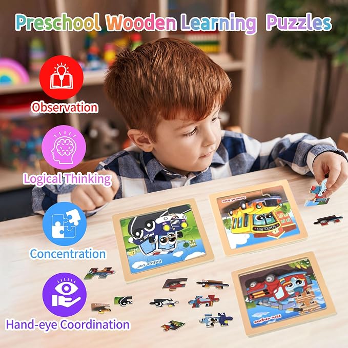 Wooden Vehicle Puzzles for Toddlers, 8 Pack 9 PCS Jigsaw Puzzles for Kids | Wooden Puzzles for Toddlers 3-5, Vehicle Puzzles for Kids 3-5, Preschool Puzzles Learning Educational Sets Toys