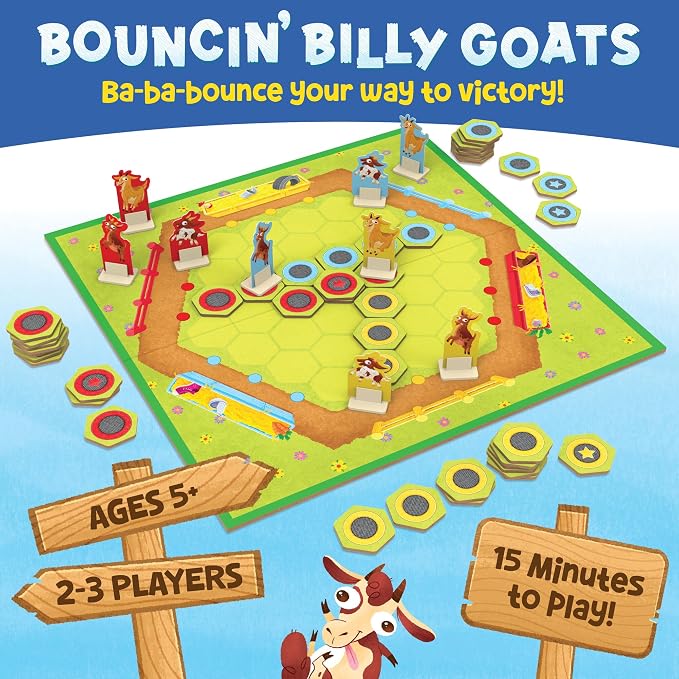 Peaceable Kingdom Bouncin’ Billy Goats Board Game | A cooperative game where players team up to win together, for 2-3 players. Ages 5+.