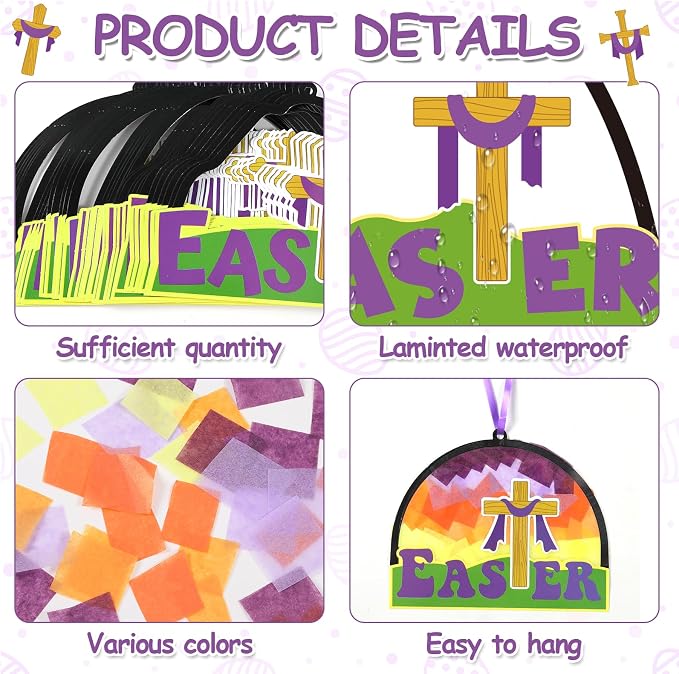Qyeahkj 36 Set Religious Easter Cross Suncatchers Crafts for Kids DIY Christian Resurrection Window Tissue Paper Craft Kit Hanging Decor for Sunday School Activity Art Project Birthday Party Favor