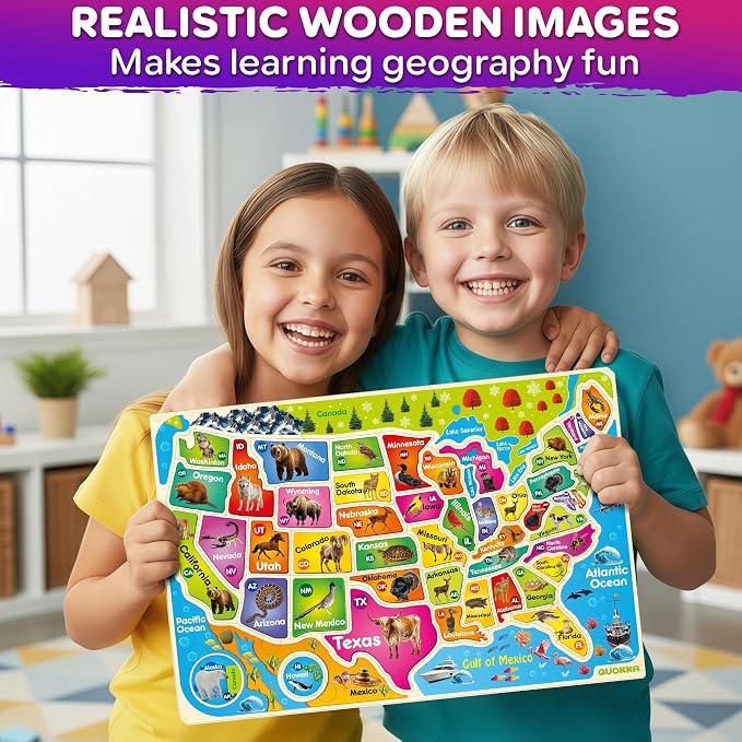 United States Puzzles for Kids Ages 4-6 - Wooden Toddlers Puzzles Ages 3-5 | USA Map Montessori Wood Educational Puzzles for Toddlers 2-4 - Realistic Geography Learning Kids Puzzles for Ages 6-8
