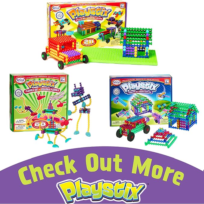POPULAR PLAYTHINGS Playstix Vehicle Set, 130 Piece, Building Sticks Kit | for Kids Ages 4 and Up, Construction Stem Building Toy Gift, for Boys & Girls, for Kids