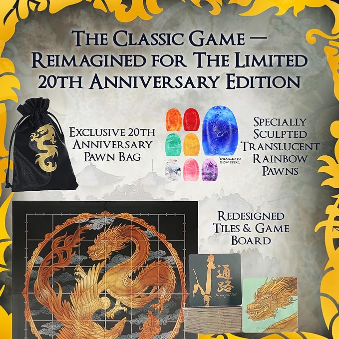 Tsuro 20th Anniversary Edition, Award Winning Tile Laying Strategy Game | Enhanced Path Tiles, 8 Upgraded Dragon Pawns, Exclusive Storage Bag, 15 - 30 Minutes, For 2-8 Players Ages 8+
