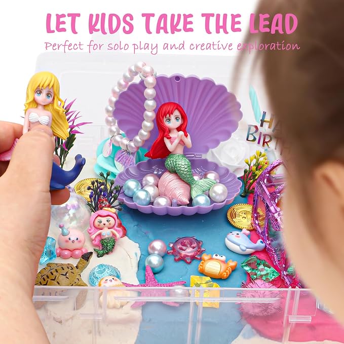 Golray Mermaid Sensory Dough Kit - Play Dough Set with 3 Packs of Playdough, 2 Mermaid Figures, Marine Animals & Plants Toys and Decorative Accessories, Sensory Toys Gifts for Kids & Toddlers
