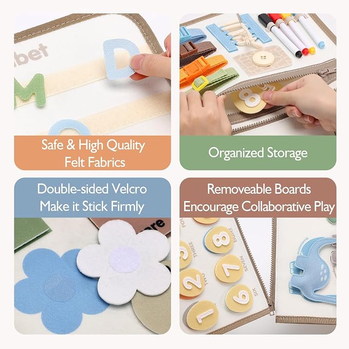 hahaland Montessori Busy Board for Toddlers Boy Travel Toys, Dinosaur | Toddler Portable Busy Book with Drawing, Alphabet, Number, Shape, Life Skills, Fine Motor Skill Toy, Birthday Gifts