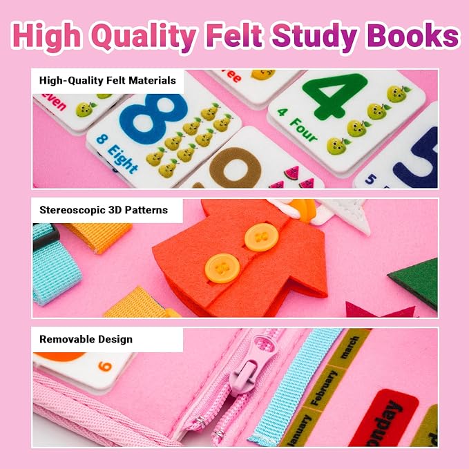 MEGRANATE Montessori Busy Board, Busy Book Educational Learning Toys for Kids Quiet Book Activity Books Fine Motor Skills Toys for 3+ Year Old Kids (Pink)