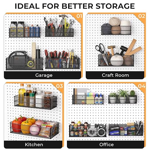INCLY 4 Pack Upgrade Pegboard Baskets, 4 Sizes Square Metal Mesh Basket | Peg Board Organizer Accessories, For Garage Craft Room Office Kitchen, Pegboard Baskets and Bins
