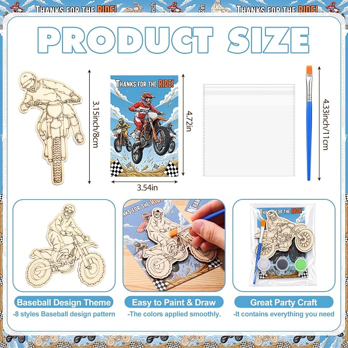 Saypacck 24 Pcs Dirt Bike Party Favors Wooden Paint Craft Kits | 12 Motocross Wood Pieces with Paint Palettes, Organza Bags Included, Ideal for Goodie Bag Fillers and Thank You Gifts