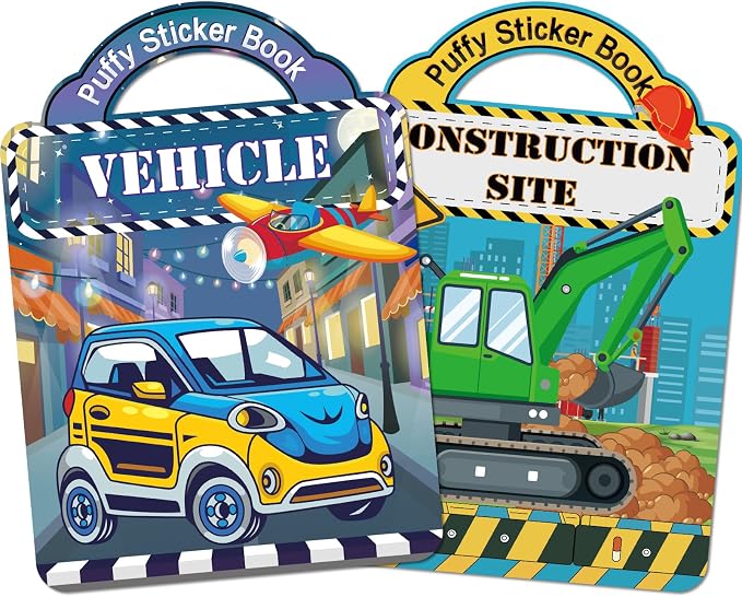 Elfew 2 Pack Puffy Vehicle Sticker Books for Toddlers Ages 2-4 3-5 | Extra-Large Tri-Fold Sticker Book, Construction Truck and Car Theme, Over 100+ Stickers, 3D Reusable, Activity Gifts for Boy