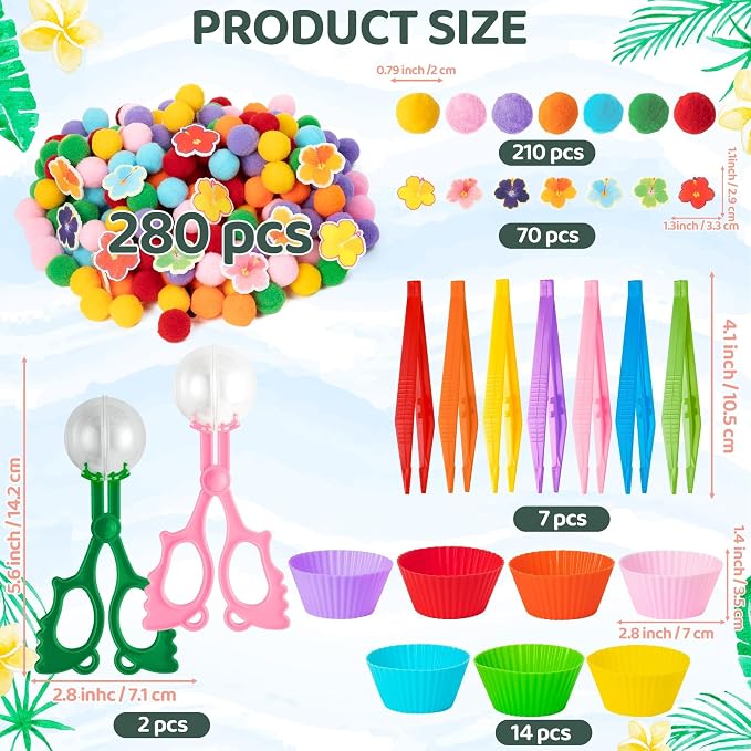 EZdhuawuse Summer Sensory Bin Fillers - 304Pcs Hawaii Flower Fine Motor Toys Counting Sorting for Kids, Felt Colorful Hawaii Flower Pom Poms Cup Clip for Preschool Education Birthday Gift Party Favors