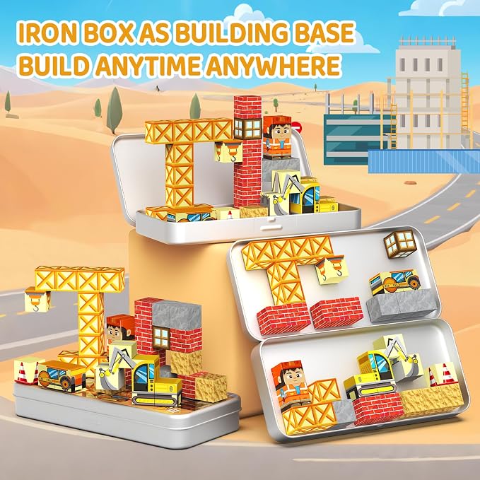 WMDXU Magnetic Cubes Boys Travel: Engineering Building Set with Storage Box | 35PCS Engineering-Themed Magnet Cubes, Hands-On Construction Fun for Boys, Road Trip Sensory Toy for Ages 3-8