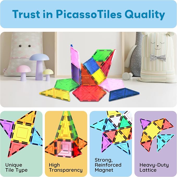 PicassoTiles Magnetic Building Block Set Geometry Shape Magnet Tiles Construction Toy STEM Learning Kit Educational Playset Playboard Pretend Play Stacking Blocks Child Brain Development PT16 | 16 pieces: 6 rhombuses, 2 pentagons, 2 hexagons, 2 isoscel...