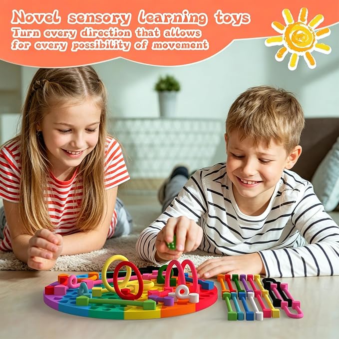 Sensory Activity Board, Silicone Fidget Toys for Calming and Stress | Autism Quiet for Adults, Toddler Sensory Toys for ADHD, Road Trip Essentials for Kids, Portable Travel Bag & 12 Strings