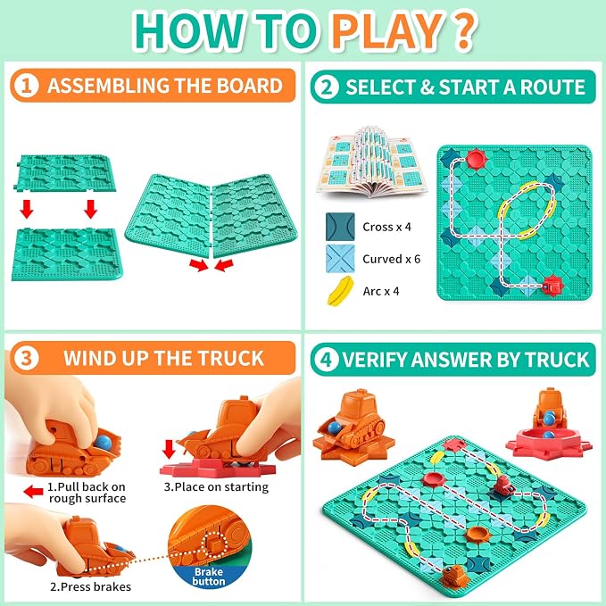 burgkidz STEM Road Build Puzzle: Teal Board, 200+ Chal. w/ 2 Cars | Teal creative board: 14 tracks, 2 start/end, 2 windup cars. 200+ puzzles, 4 levels, 3 modes. Dots fit bricks. Storage bag