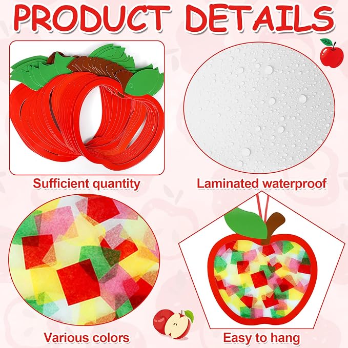 Qyeahkj 36 Set Fall Apple Suncatchers Crafts for DIY Autumn Apple Window Tissue Paper Craft Kit Hanging Decor for Back to Home Activity Art Project Birthday Party Favor Gift