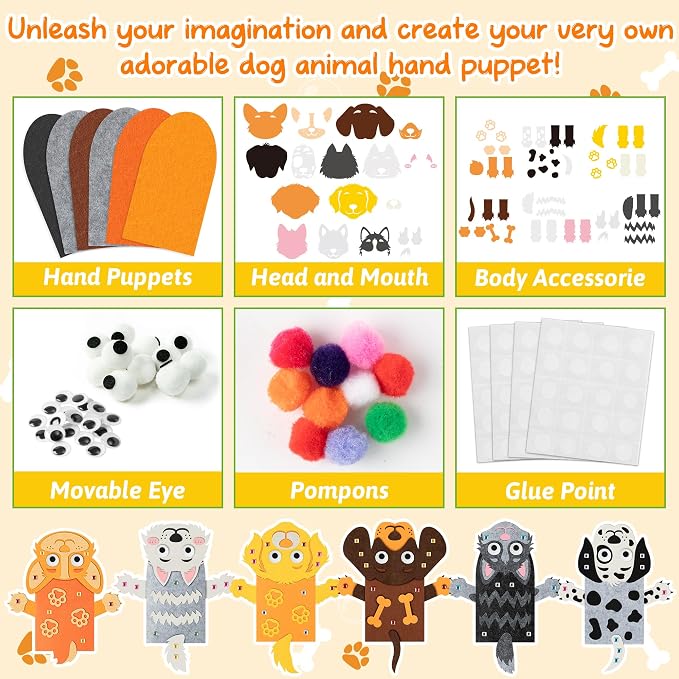 WATINC Hand Puppet Making Kit, Felt Sock Puppet Toys for Kids (Dog A) | 6 Styles, Make Your Own Storytelling & Role Play Crafts, Creative Group Activity, Party Favors & Gifts for Kids Ages 4-8