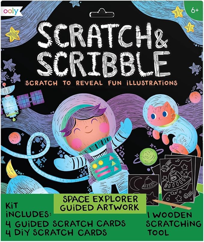 Ooly Scratch & Scribble Art Kit, 8 Cards, Sticker Sheet – Space Explorers | Ages 6+, Wooden Stylus and Stickers Included, Screen-Free Portable Car and Airplane Travel Activity, Gift for Kids