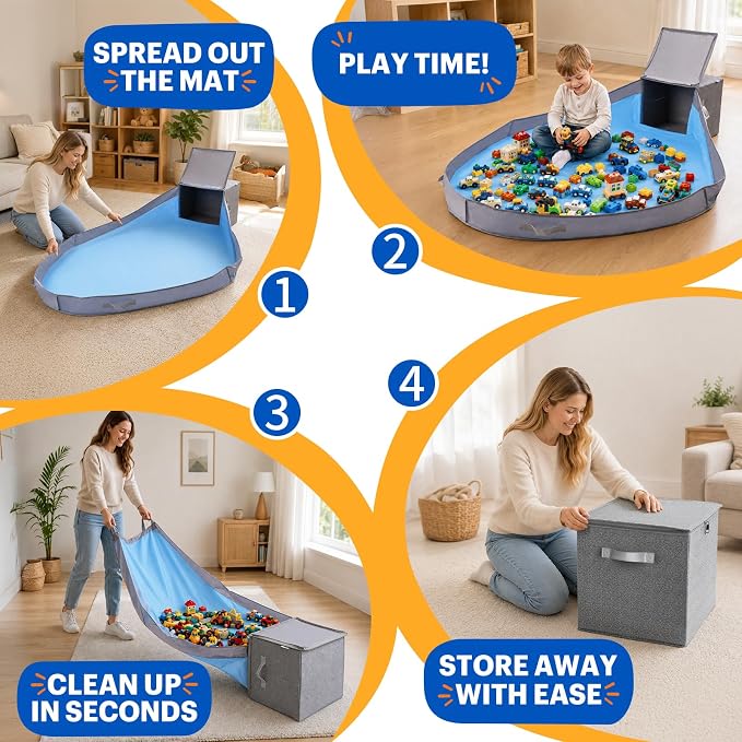 SAM AND MABEL Toy Storage Organizer with Play Mat – 13" x 13" x 13" Stackable and Collapsible Cubby Box Organizers for Kids Playroom, Nursery Storage Bins for Boys and Girls (Warm Grayish Beige)