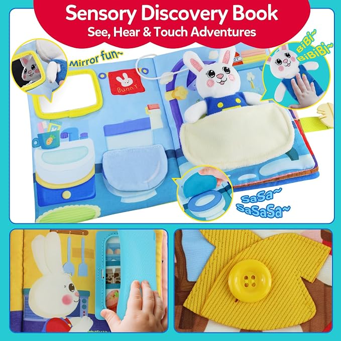 Busy Book for Toddlers 1-3, Toddler Travel Toy and Montessori Quiet Book with Attached Bunny, 12 Fine Motor Activities Gifts for 1 Year Old Boys Girls Birthday Gift