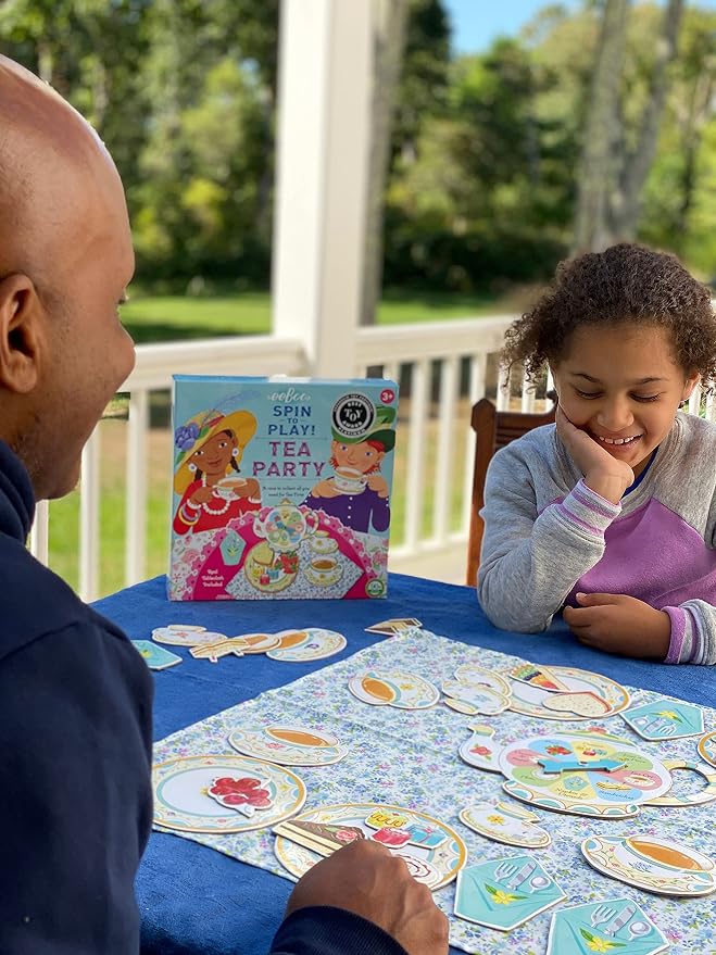 eeBoo Tea Party Spinner Game, Social Skills Game, Ages 3+, 2-4 Players | Develops patience & social skills through imaginative play. Includes spinner, food pieces & fabric tablecloth. 15-30 min game