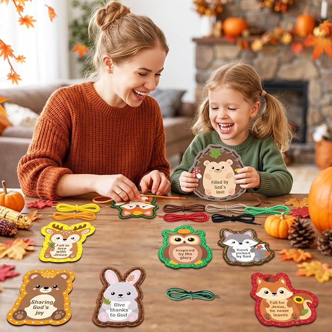 X1zuue Kids Lacing Cards, Fall Animal Sewing Card Kit, Religious Lacing Toy | 9Pcs Double Sided Sewing Cards Imagination Development Lacing Toys Games Kits for Toddlers Educational Learning Activity