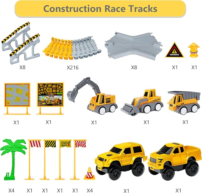 Kids Toys 253 PCS Construction Race Tracks, Create A Engineering Road Game | 5 PCS Construction Truck Cars, DIY Flexible Track Play Set, Birthday Xmas Gifts Toy for 3 4 5 6 7 8 Year Old Boys Girls