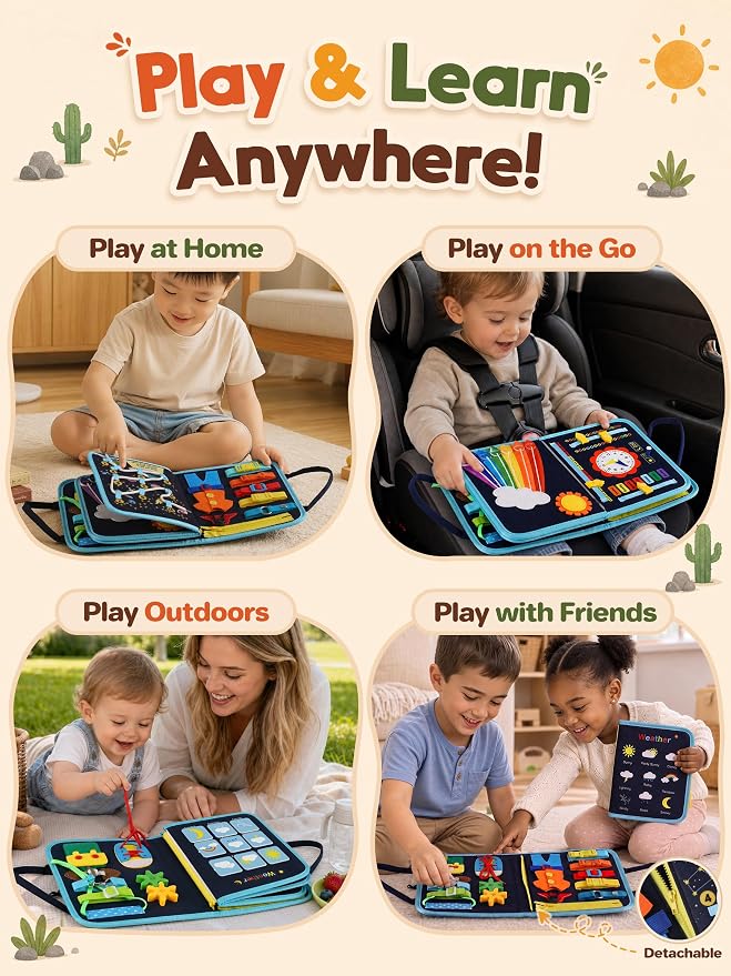 GONINO Busy Book Montessori Toys for Boys, Dinosaur Felt Busy Board | Quiet Activity Book, Preschool Learning Sensory Toys, Fine Motor Skills, Travel Toy for Airplane Car, Boys Birthday Gifts 3+