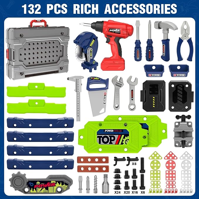 Kids Tool Bench Set with Electric Drill and Realistic Tools, Construction Workbench Playset Toy for Toddler 3-5, Easy Set up, Kids Boy Toys, Birthday Gifts for Boys Age 3 4 5 Year Old