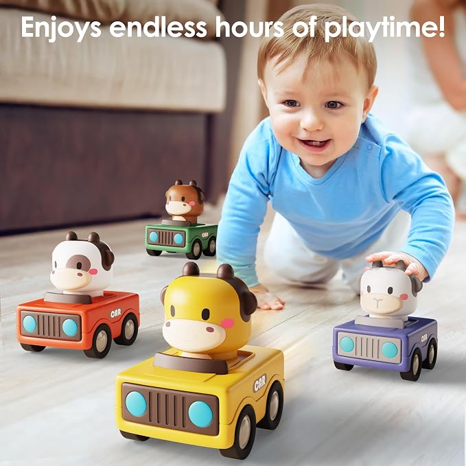 iPlay, iLearn Baby Press to Go Car Toys for Toddlers 1-3, 1 Yr Old Boy Gift | Infant Play Vehicle Set, Push Go Friction Car, Montessori Toy for 6-9-12-18 Months, 1st Birthday Gifts for 1-2 Years Old Girl