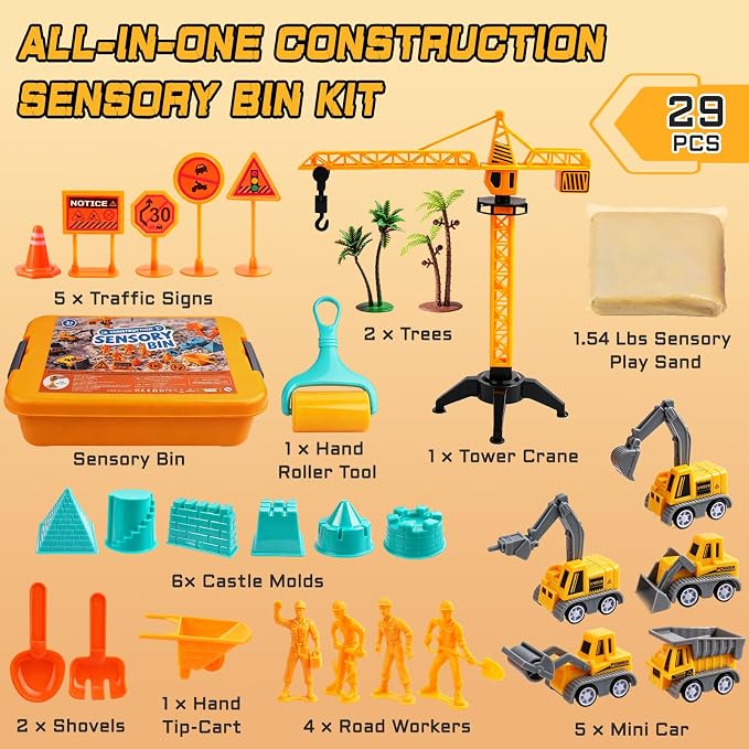 Construction Sensory Bin for Toddlers – Gifts for 3 Year Old Boys | Play Sand Building Kit Sandbox Playset with Lid Preschool Learning Activity Toys for Girls Ages 3‑5