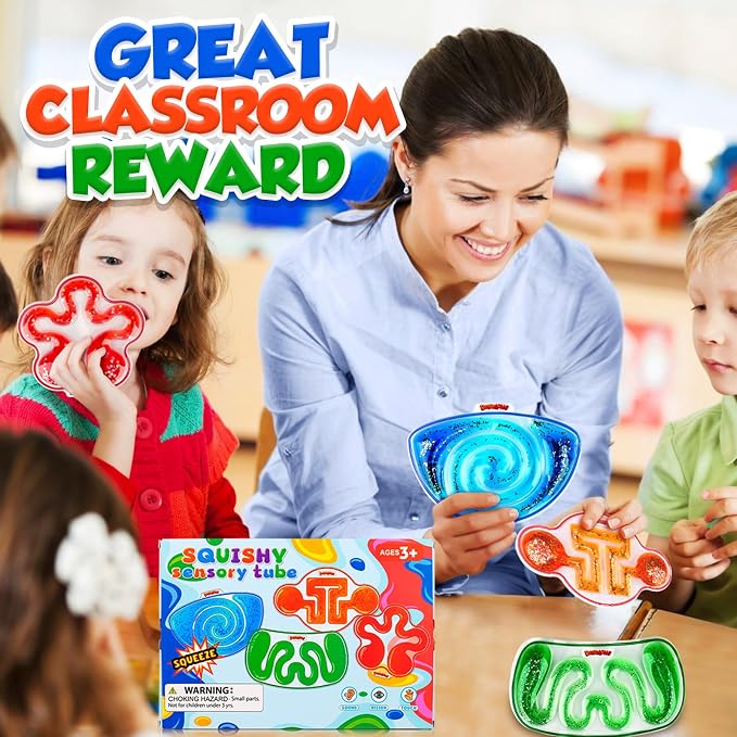 Squishy Sensory Toys for Kids: 4 Pack Fidget Sensory Maze for Autism | Stress Relief Toys for Calm Down, Squeeze Fidget Toy Filled Goo, Glitter, Prizes for Kids Classroom, Goodie Bags Stuffers