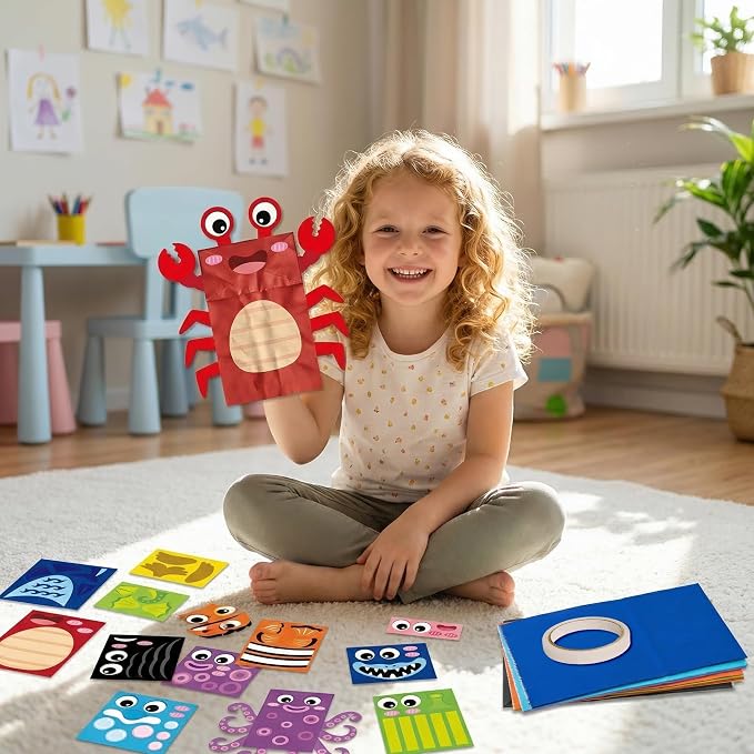 WATINC Hand Puppet Making Kit, Paper Sock Puppet Toys for Kids (Ocean) | 9 Styles, Make Your Own Storytelling & Role Play Crafts, Creative Group Activity, Party Favors & Gifts for Kids Ages 4-8