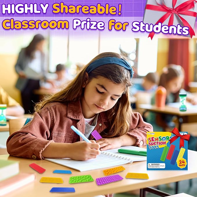 Sensory Fidget Toys Kids Adults: 24 Pack Textured Suction Toys for Autism | Sensory Stickers for Stress Relief - Fidget Strip for Classroom Office - Special Education Classroom Prizes Must Haves