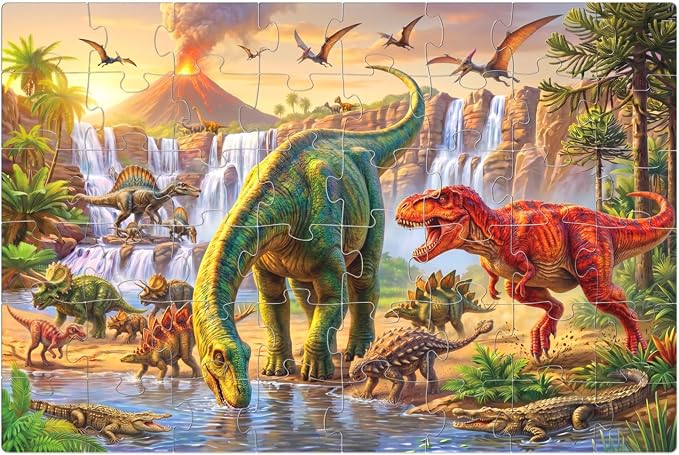 Jumbo Floor Puzzles for Kids Ages 3-5 48 Piece Dinosaur Educational Toy | A large dinosaur animal puzzle featuring Triceratops and T-Rex for interactive preschool learning and indoor family play time