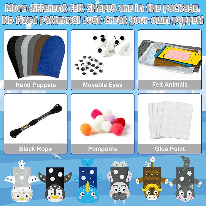 WATINC Hand Puppet Making Kit, Felt Sock Puppet Toys for Kids (Polar B) | 6 Styles, Make Your Own Storytelling & Role Play Crafts, Creative Group Activity, Party Favors & Gifts for Kids Ages 4-8