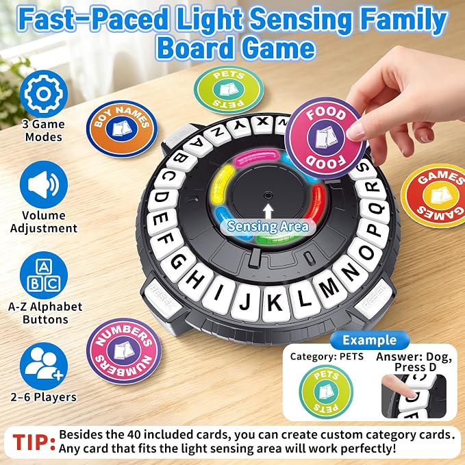 Family Board Game for Kids and Adults, Light-Sensing Word Game with 3 Modes | Fast-Paced 26-Letter Game with Timer for Family Game Nights and Parties, 40 Double-Sided Category Cards, 2–6 Players, Ages 8+