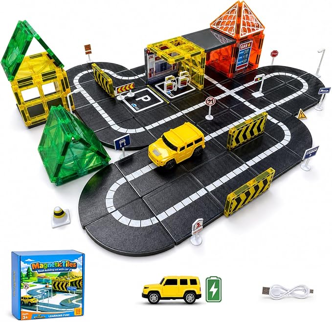 98-Piece Magnetic Tiles Building & Road Set for Kids, Includes Sensor-Guided Car that Follows Road Lines + Traffic Signs,STEM Montessori Building Toy for Boys & Girls Ages 4–12