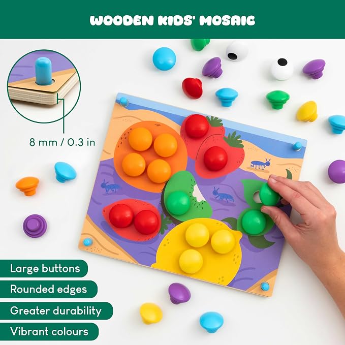 BONNYCO Button Art Toy with 50 Templates and 32 Buttons. Color Matching Peg Board for Kids, Montessori Toys for 2 Year Old, Wooden Puzzle for Toddlers 1-3, Baby Learning Games, Stem Educational Gift | Children's mosaic for fine motor skills. Puzzles an...