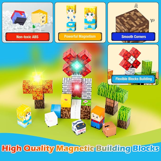 45PCS Magnetic Blocks for Kids with Portable Iron Box Farm Theme | Mini Cubes, Travel Essentials for Airplane, Car, Ride Road Trip, STEM Learning Toy Gift Idea for Toddlers Boys, Girls Ages 3+