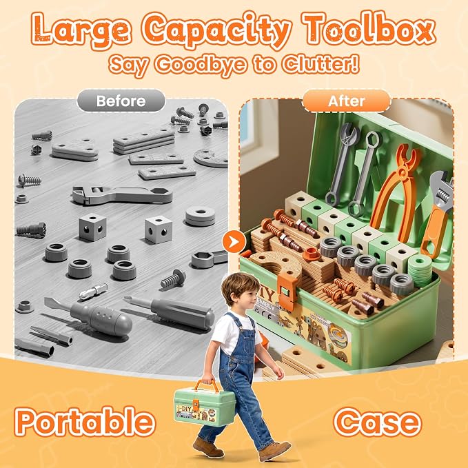 CUTE STONE 200PCS Toddler Tool Set with Electric Toy Drill | STEM Construction Building Toy, 2-in-1 Tool Bench & Storage Box, Montessori Pretend Play Gift for Kids Boys Girls Ages 3-6