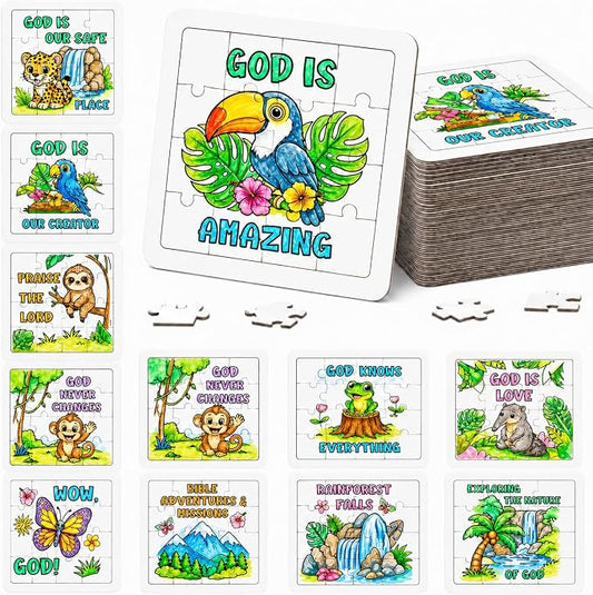 Cinrobiye 24 Pcs Rainforest Falls VBS Coloring Puzzle Kit, Christian Jungle Animal Puzzle Crafts for Vacation Bible School, Sunday School, Church Activities and Faith-Based Group Events