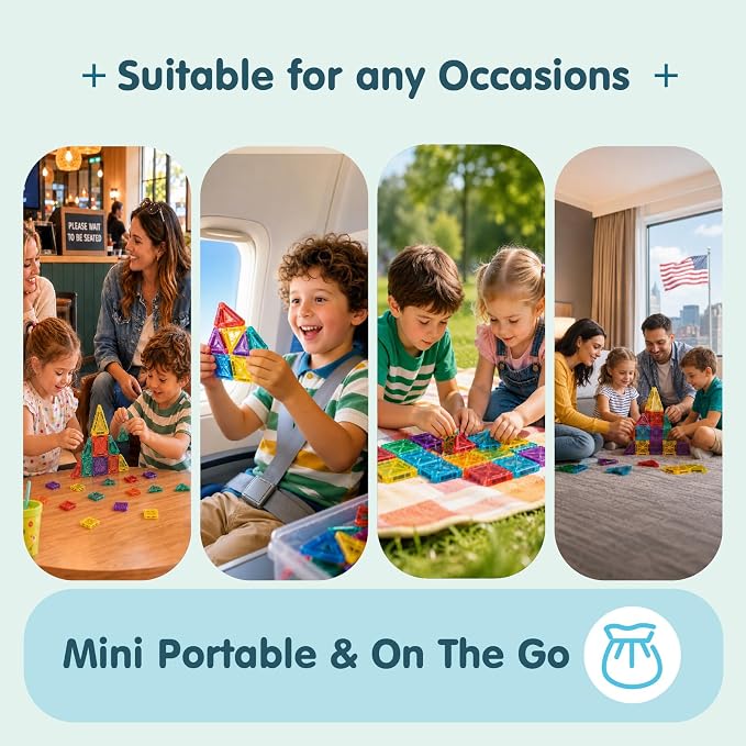 34 PCS Travel Magnetic Tiles with Metal Storage Box, Mini Magnetic Building Tiles,Screen-Free STEM Learning Toy for Kids Ages 3-8 Christmas Birthday Gifts