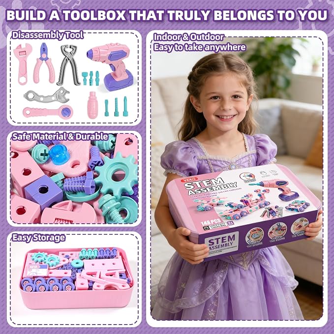 VEAIS Pink Kids Tool Set for Girls,Tool Set with Drill &Toolbox,STEM Montessori Toys for 3 4 5 Year Old,Pretend Play Kid Toy,Educational Construction Toy for 3-6 Year Old Girl,Birthday Gift for Kids