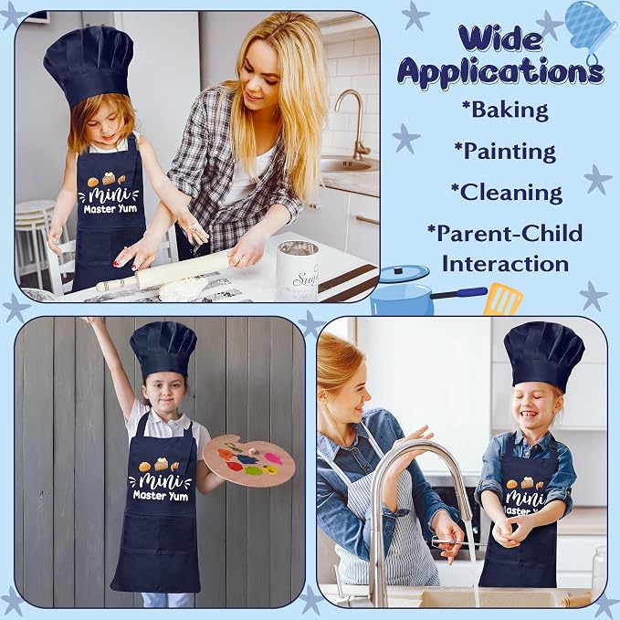 Kid Apron and Chef Hat Set - 2Pcs Dark Blue Mini Master Adjustable Children Kitchen Toddler Apron with Pockets for Kids, Funny Dress up Pretend Play Toy Birthday Gift for Cooking Baking Painting