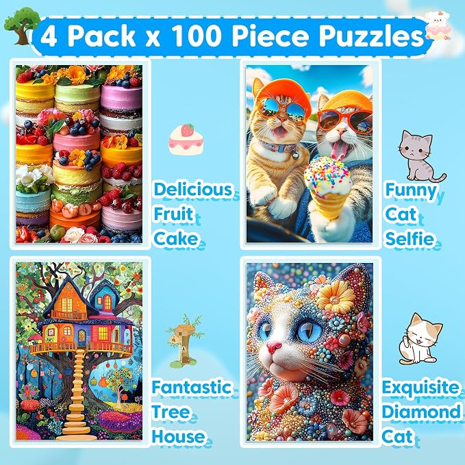 4-Pack 100 Piece Puzzles - Cakes Tree House Cats Puzzle for Kids Ages 4-8 8-10, 100 Piece Jigsaw Puzzle for Adults Seniors Children Learning Educational Puzzles Toys Birthday Xmas Gifts for Girls Boys