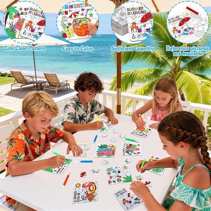 24 Set Summer Crafts for Kids Adults Bulk, Hawaiian Summer Activities DIY Puzzle Kit with Beach Tropical Palm Tree, Luau Ocean Theme Art Painting for Classroom Party Favors Gift Coloring Game Supplies