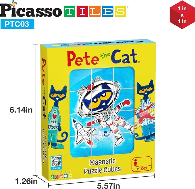 PicassoTiles Magnetic Tiles Pete the Cat Magnet Puzzle Cube Set 6 Cartoon Theme Mix and Match Brain Teaser STEM Educational Toy for Kids Toddlers Preschool Age 3 Plus Sensory Learning Play Kit PTC03