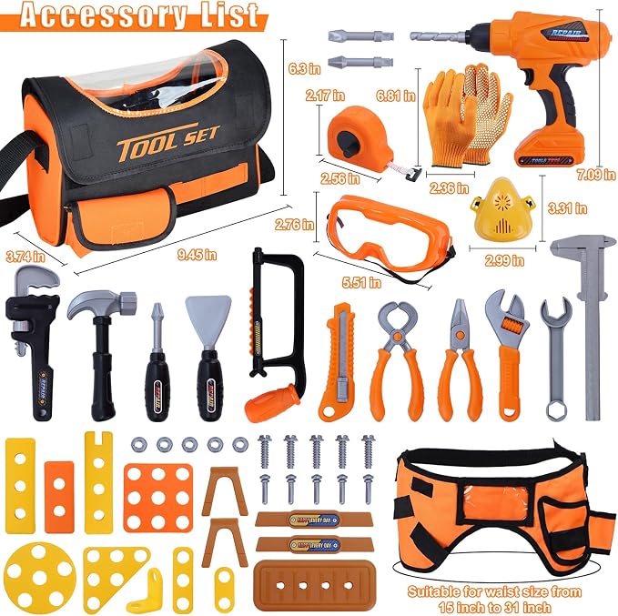 Magic4U Kids Tool Set, 52PCS Toddler Toolbag with Electric Drill, Tool Belt | Electric Drill with 3 bits, Pretend Play Construction Toys Costume Adjustable Tool Belt, Gloves and Goggles for Age 3-8