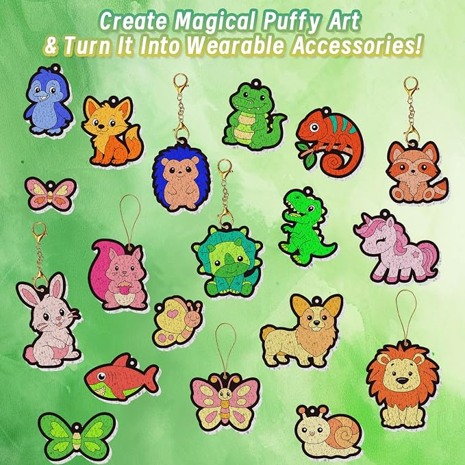SOOVSY Magic Puffs 3D Art Kit for Kids, Water Activated Puffy Art Craft Kit with Animals Designs, DIY Color & Inflate Activity, Screen-Free Travel & Rainy Day Toy for Girls Boys Ages 4-8